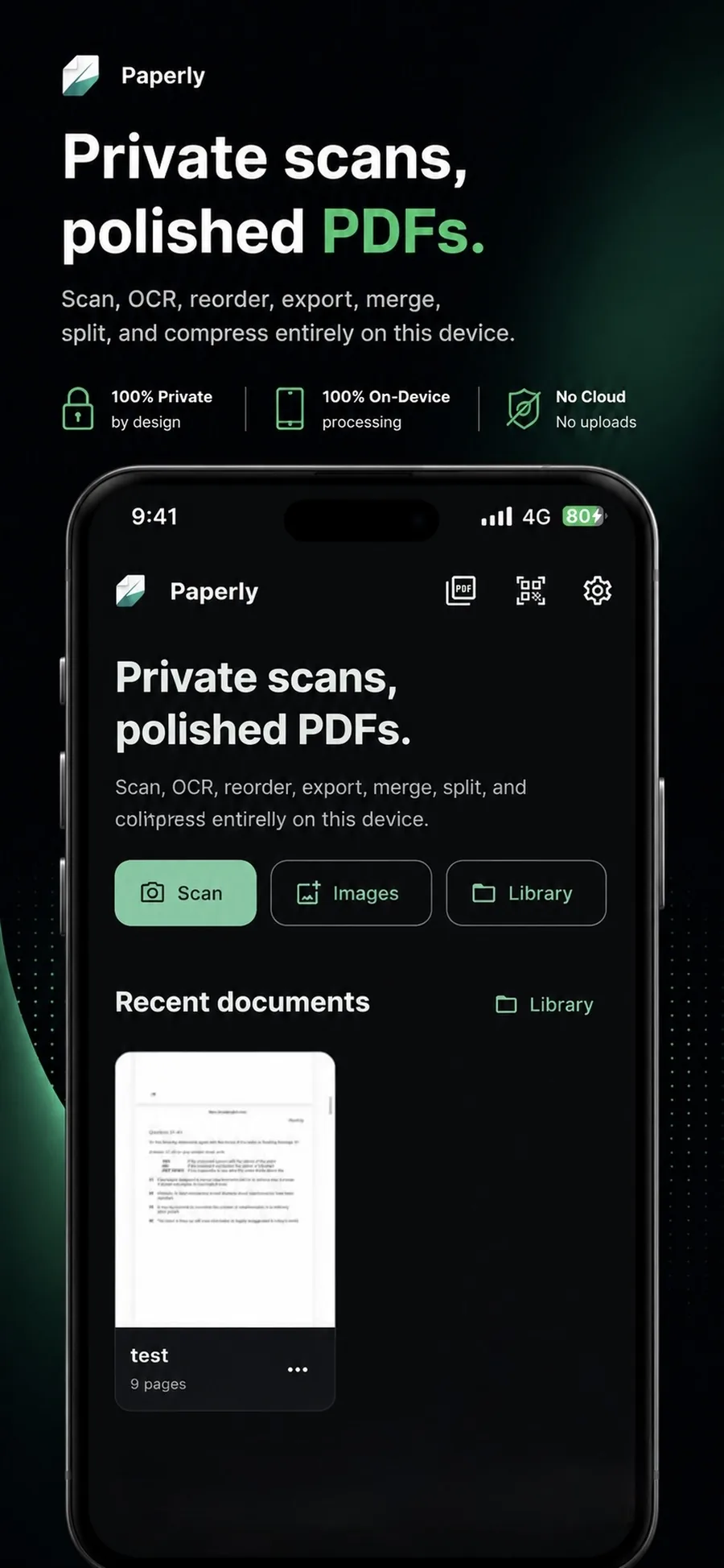 Paperly home screen showing the document library and scan actions on iPhone