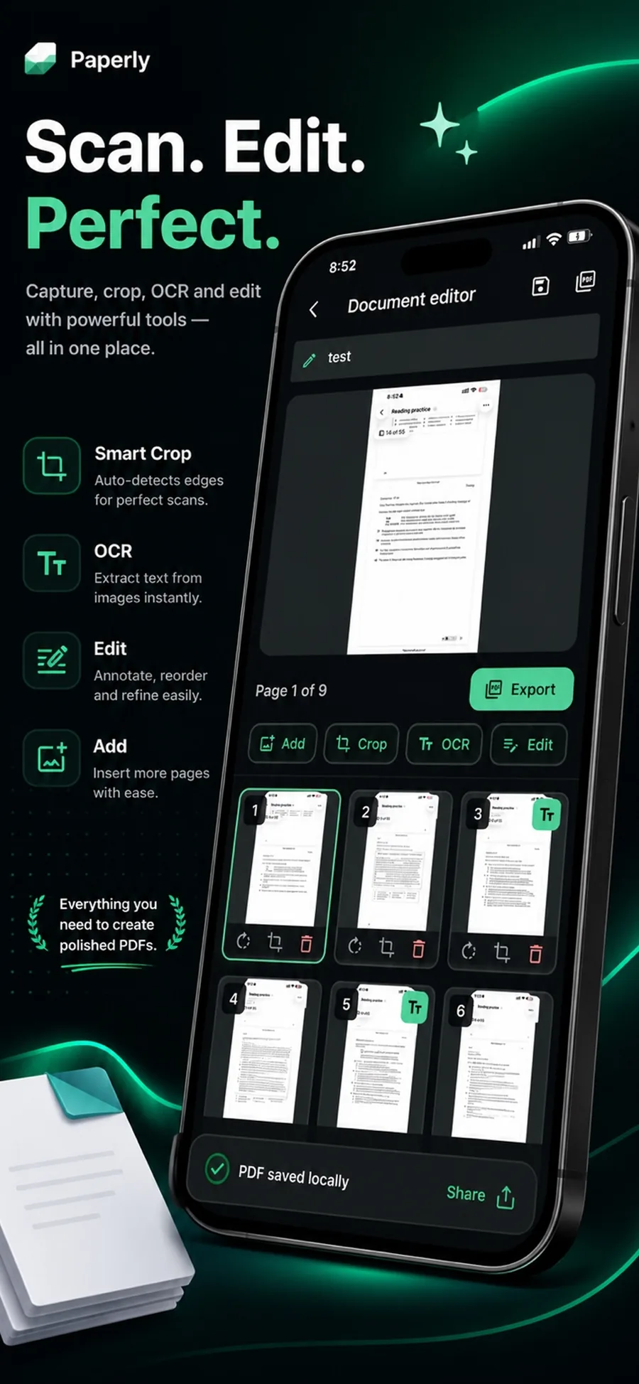 Document scanner in Paperly showing automatic edge detection and crop controls
