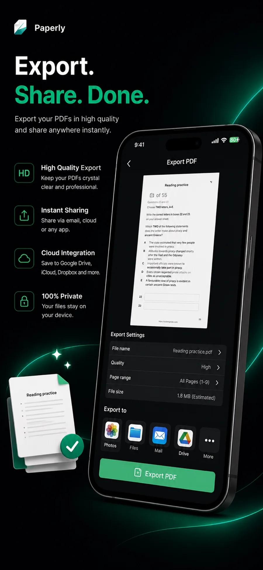 Paperly export sheet with PDF compression size and sharing options